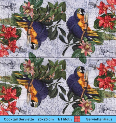 Papagei Ara mit Libelle und Blumen - 1 Cocktail Serviette